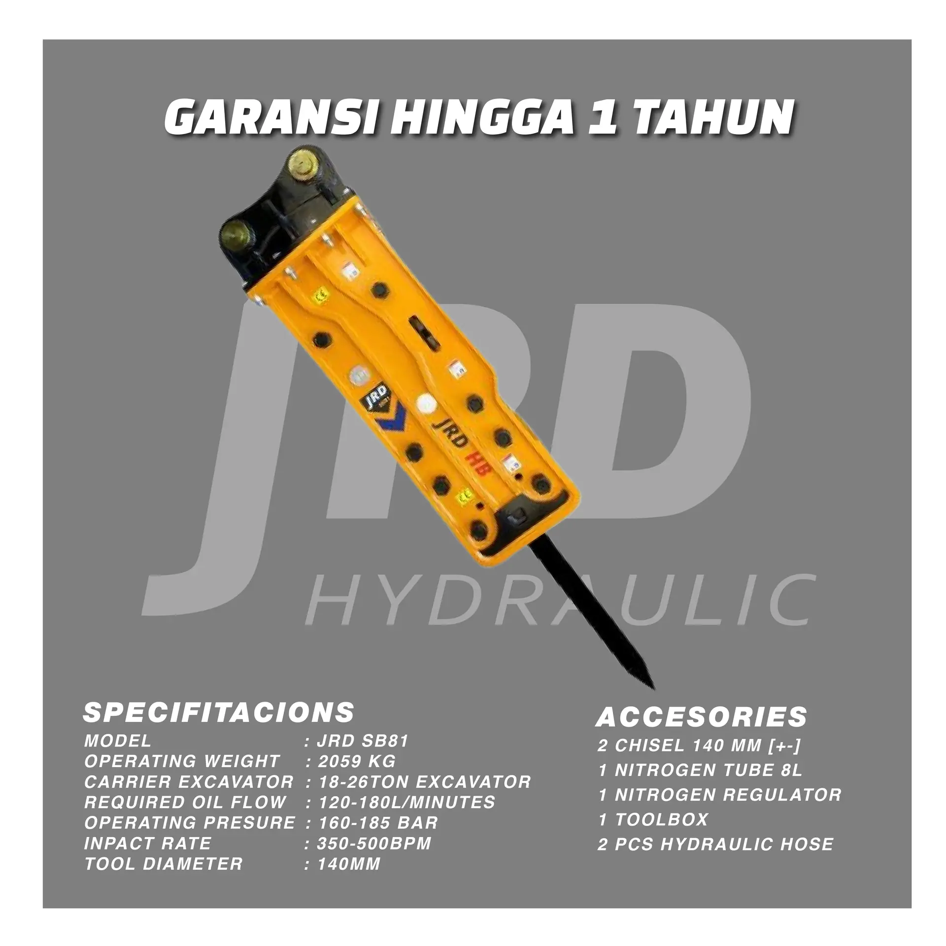 HYDRAULIC BREAKER JRD SB81, full front view of the unit