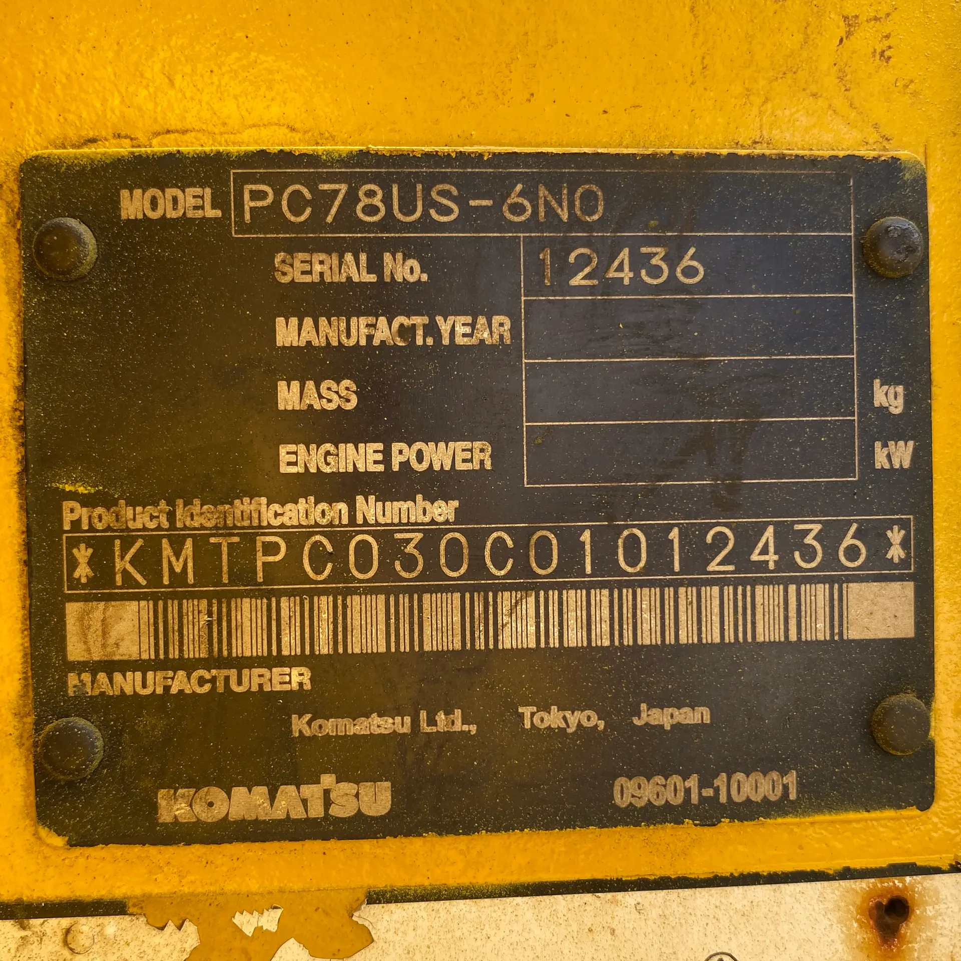 KOMATSU PC78US-6N0 - 12436, unit identification plate