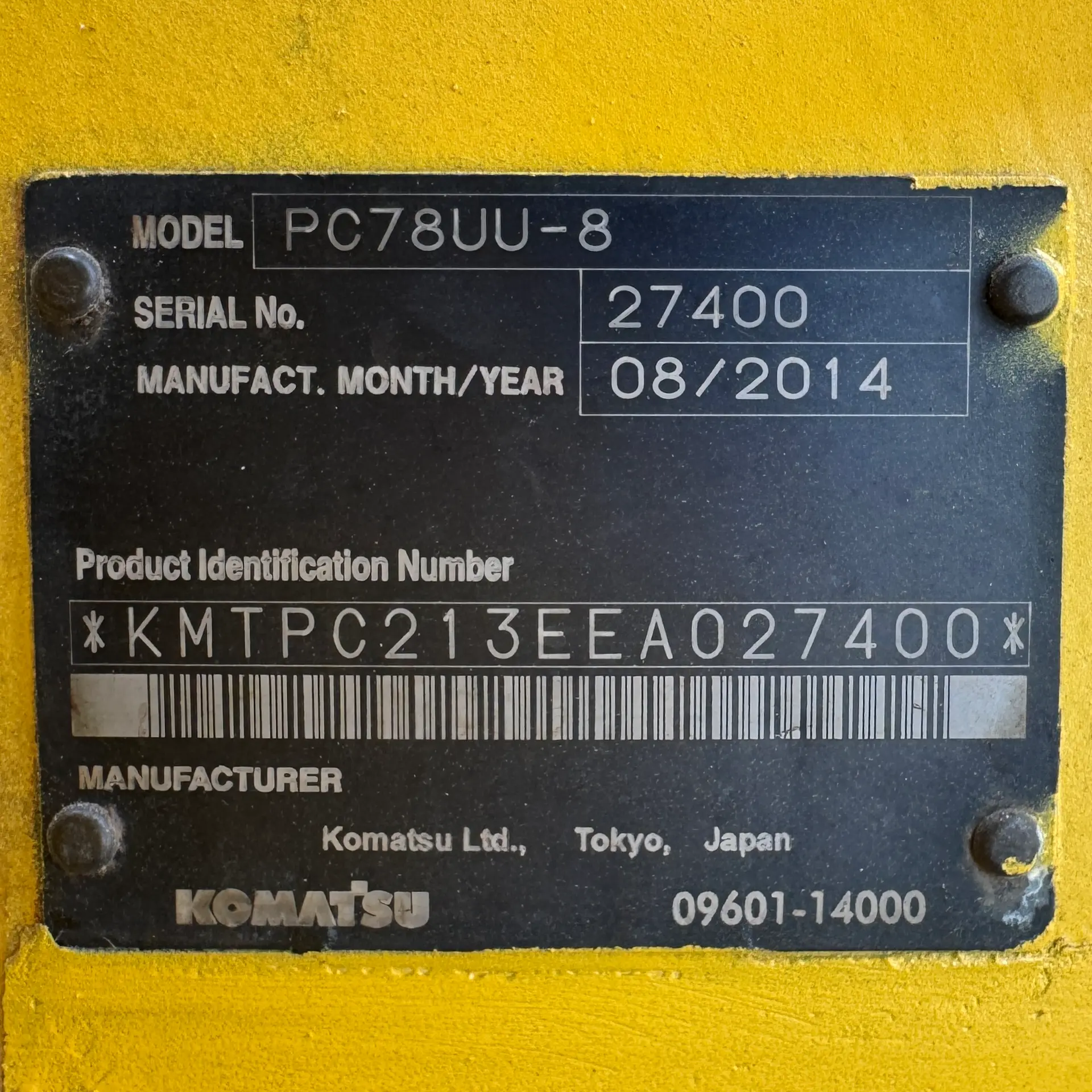 KOMATSU PC78UU-8 - 27400, plat identitas unit