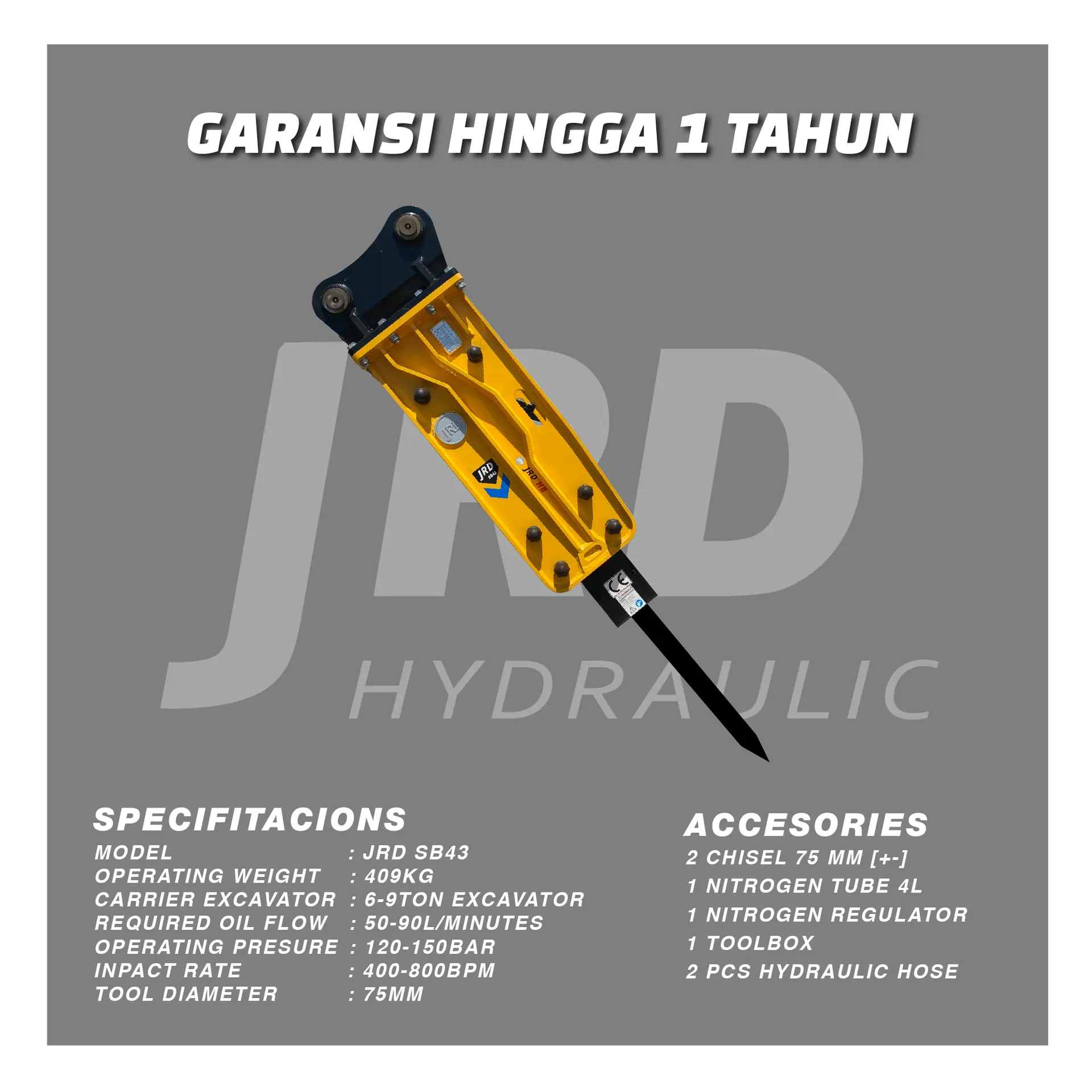 HYDRAULIC BREAKER JRD SB43, full front view of the unit