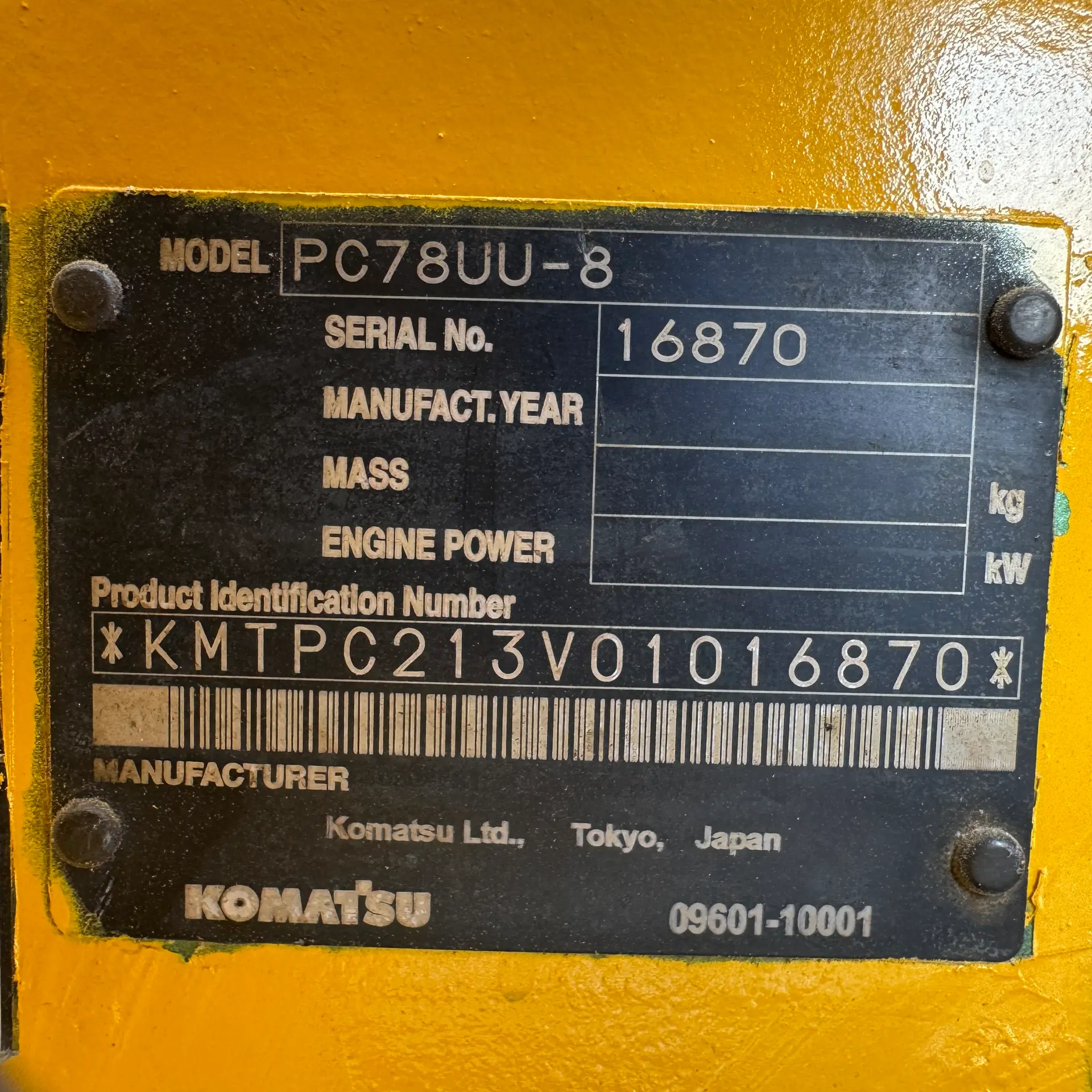KOMATSU PC78UU-8 - 16870, plat identitas unit