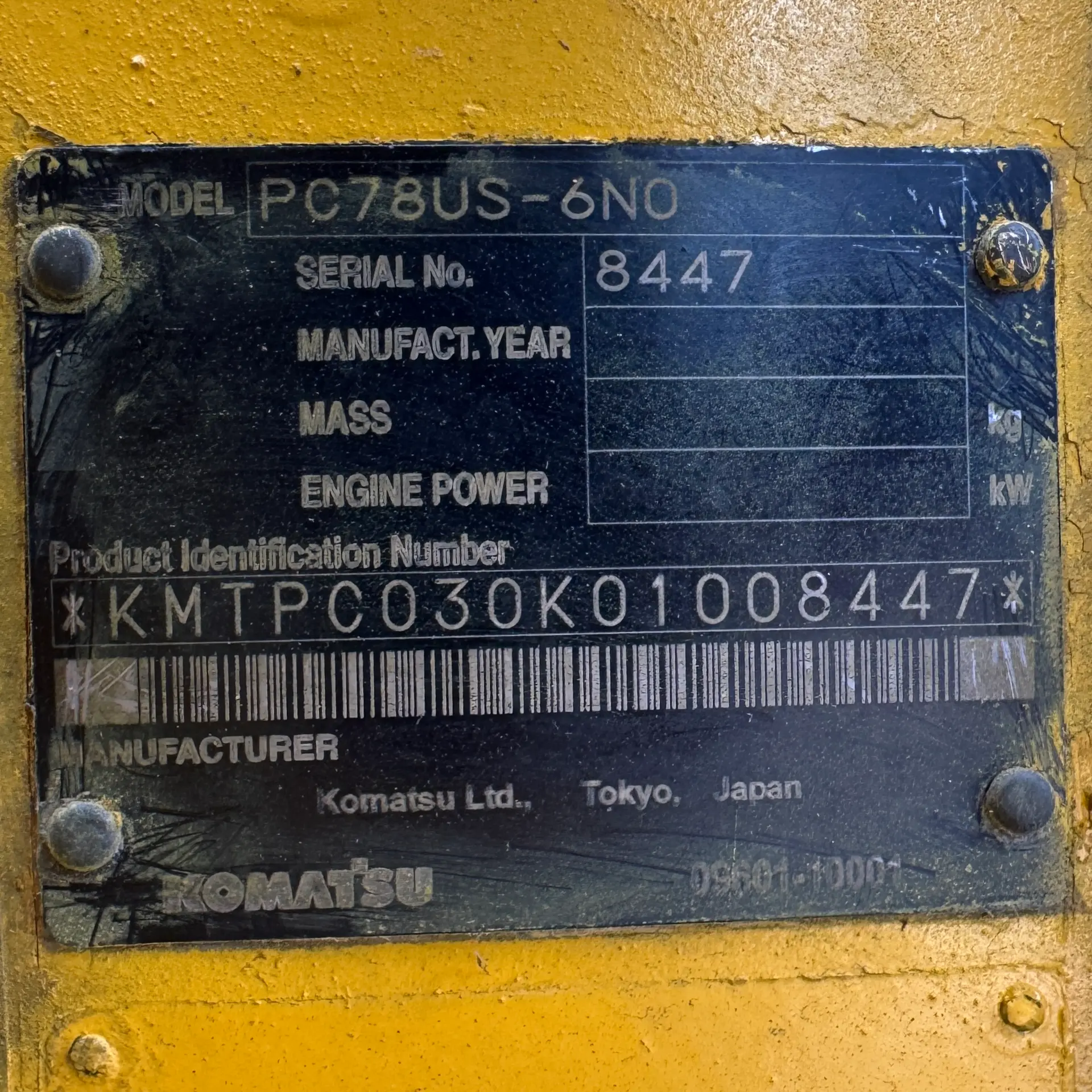 KOMATSU PC78US-6N0 - 8447, unit identification plate