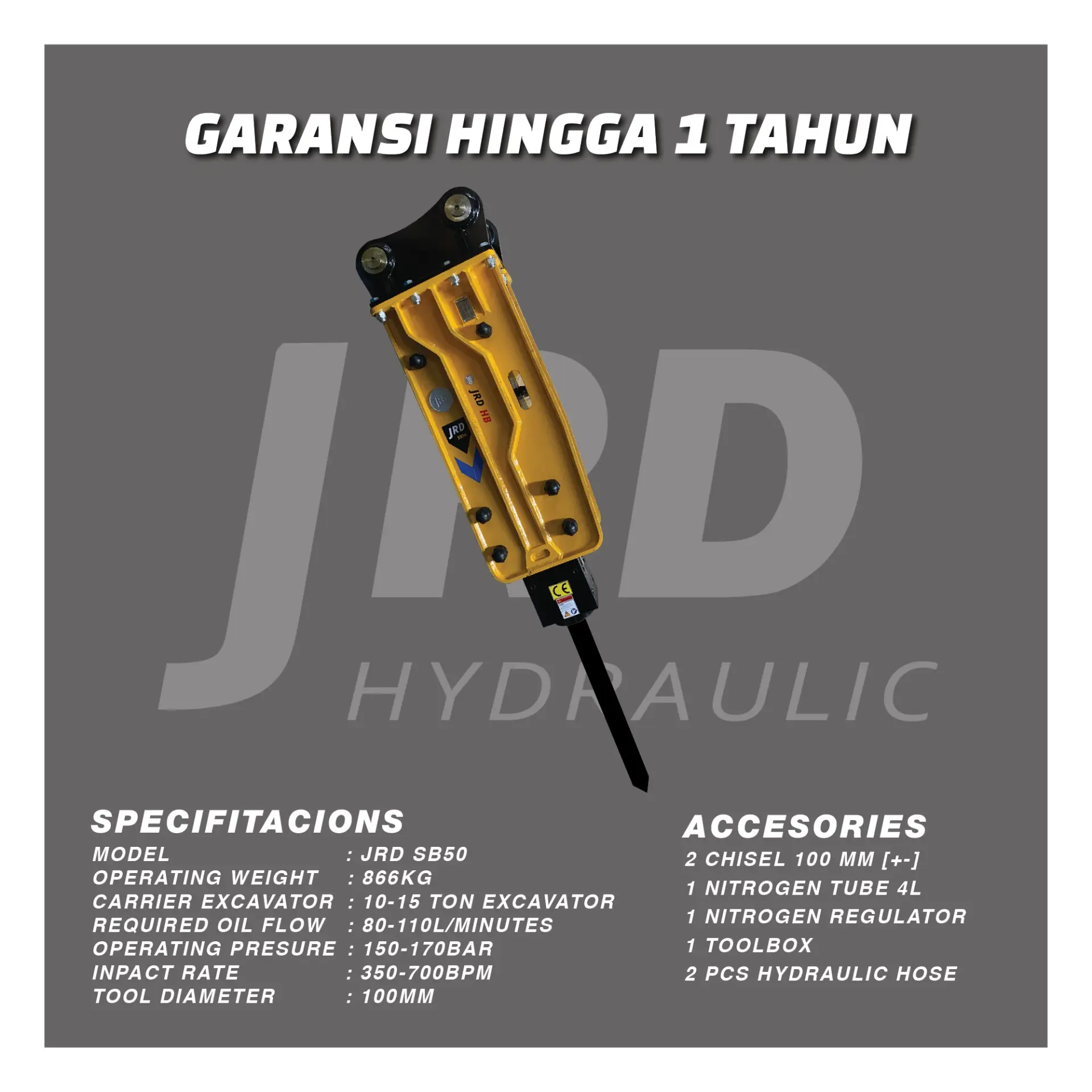 HYDRAULIC BREAKER JRD SB50, full front view of the unit
