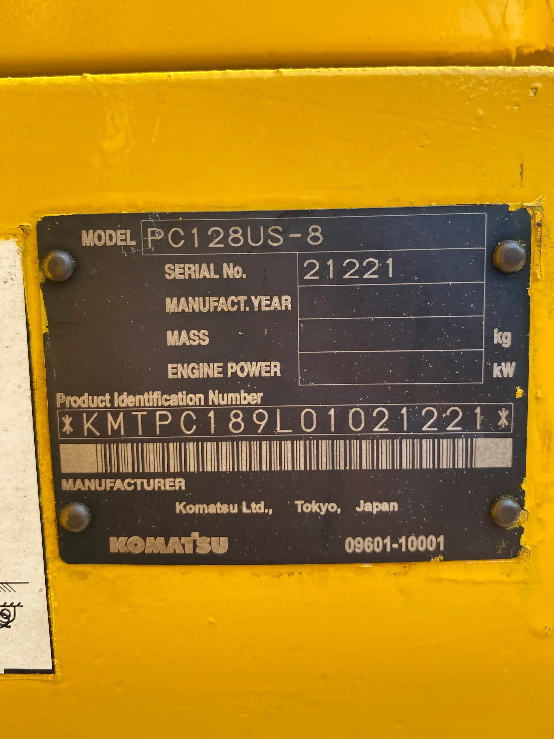 KOMATSU PC128US-8 - 21221, plat identitas unit