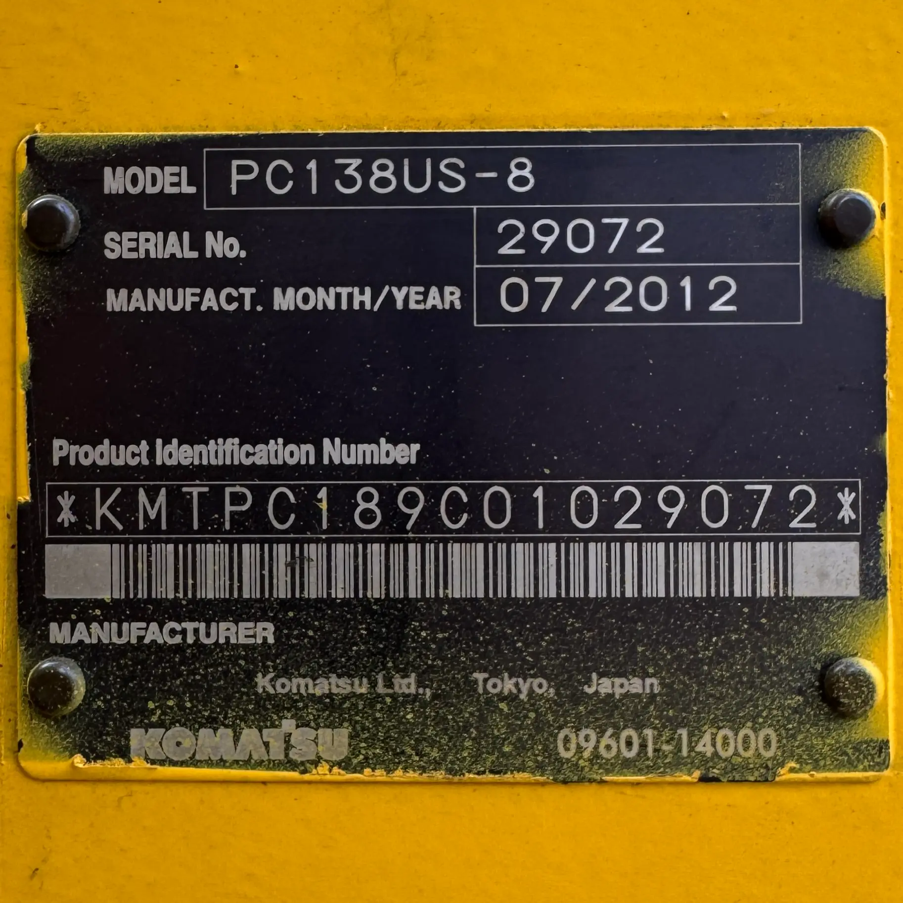 KOMATSU PC138US-8 - 29072, plat identitas unit
