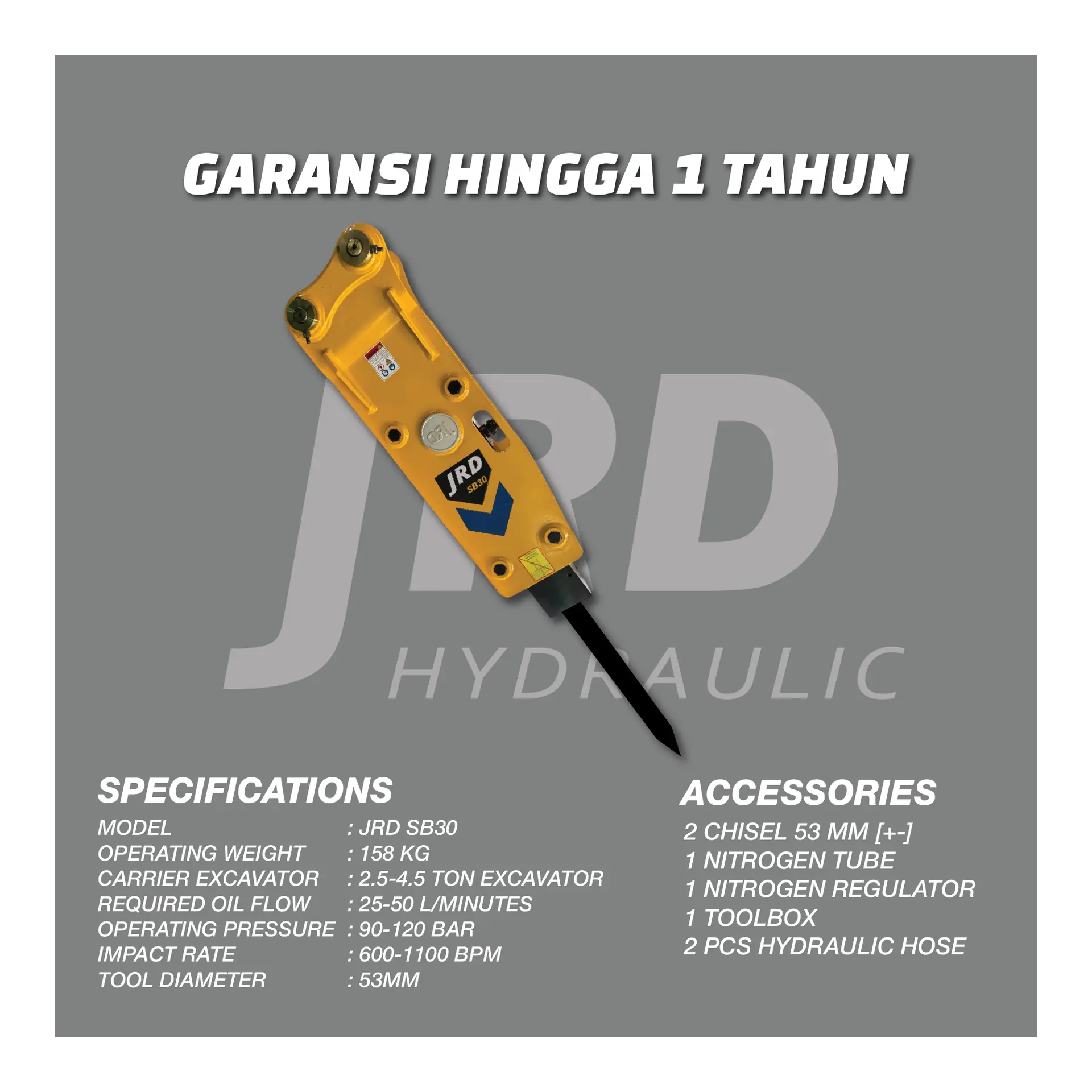 HYDRAULIC BREAKER JRD SB30, full front view of the unit