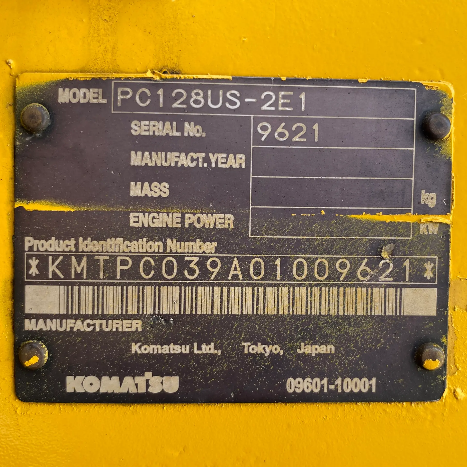 KOMATSU PC128US-2E1 - 9621, plat identitas unit
