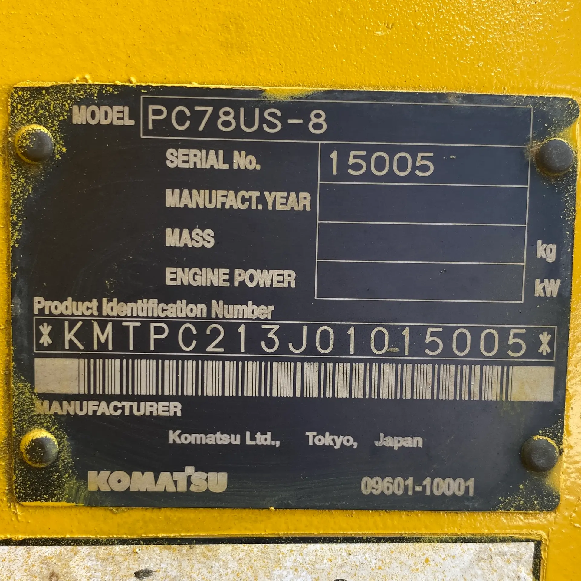 KOMATSU PC78US-8 - 15005, plat identitas unit